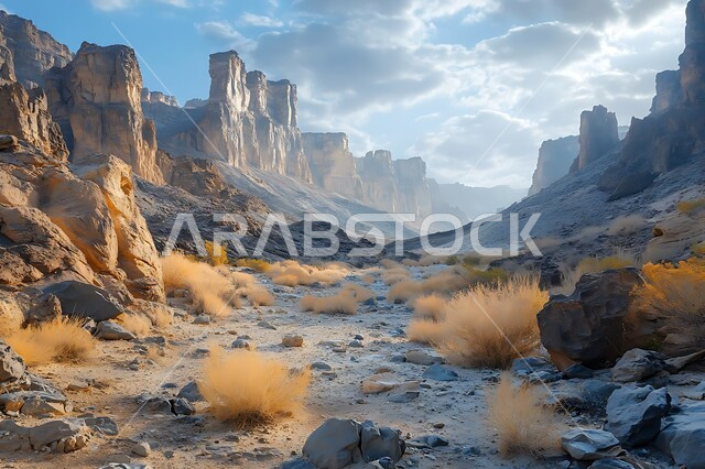 التكوينات والتشكيلات الصخرية في المناطق الصحراوية, التضاريس في القمم والمرتفعات الجبلية, منظر السماء المليئة بالغيوم والسحب البيضاء, مناطق السياحة وقضاء الوقت الممتع, أماكن الرحلات والمغامرات السياحية في الصحاري السعودية