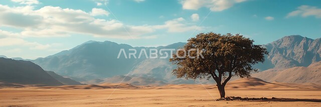 نمو الأشجار والنباتات وسط بيئة جافة، التكوينات والتشكيلات الصخرية في المناطق الصحراوية, التضاريس في القمم والمرتفعات الجبلية, منظر السماء المليئة بالغيوم والسحب البيضاء, مناطق السياحة وقضاء الوقت الممتع, أماكن الرحلات والمغامرات السياحية في الصحاري السعودية