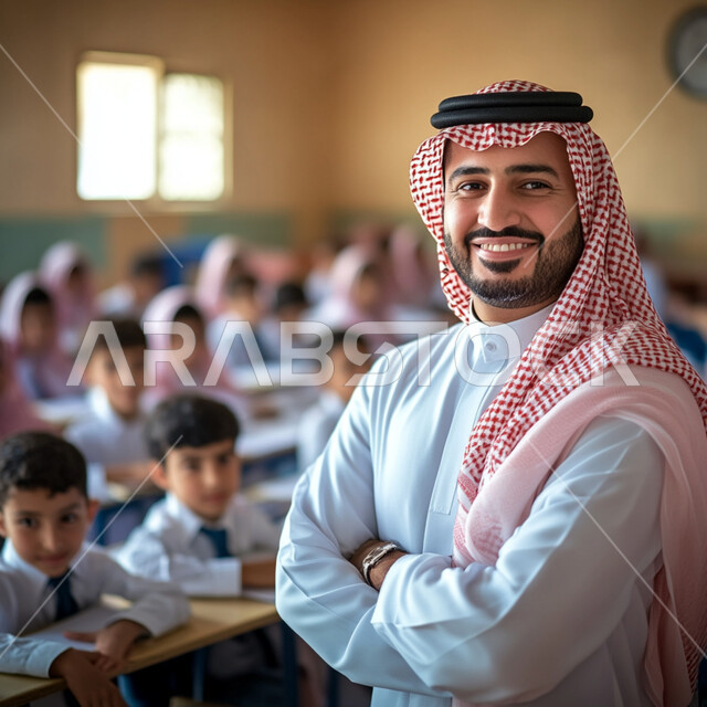 المشاركة الفعالة للطلاب مع المدرسين، حوارات ونقاشات بين الاستاذ والتلاميذ، معلم عربي خليجي سعودي مبتسم يرتدي الثوب التقليدي والشماغ يقف بايدي متقاطعة  ينظر الى الكاميرا بايماءات السعادة والسرور، جودة التعليم في المملكة العربية السعودية