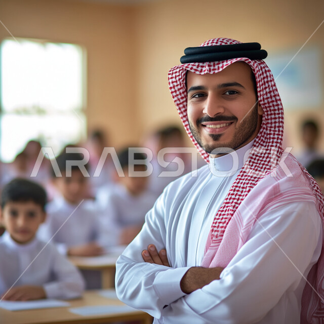 المشاركة الفعالة للطلاب مع المدرسين، حوارات ونقاشات بين الاستاذ والتلاميذ، معلم عربي خليجي سعودي مبتسم يرتدي الثوب التقليدي والشماغ يقف بايدي متقاطعة  ينظر الى الكاميرا بايماءات السعادة والسرور، جودة التعليم في المملكة العربية السعودية