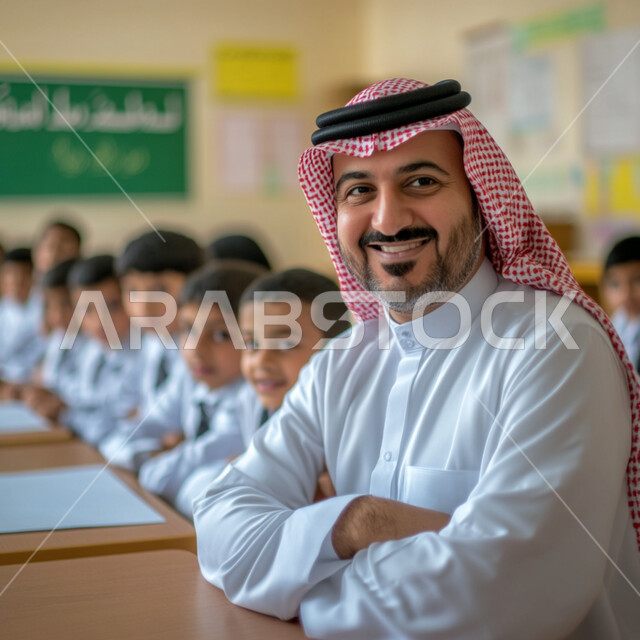 المشاركة الفعالة للطلاب مع المدرسين، حوارات ونقاشات بين الاستاذ والتلاميذ، معلم عربي خليجي سعودي مبتسم يرتدي الثوب التقليدي والشماغ يقف بايدي متقاطعة  ينظر الى الكاميرا بايماءات السعادة والسرور، جودة التعليم في المملكة العربية السعودية