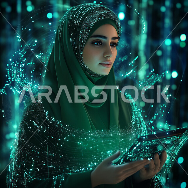 مفهوم التطور الرقمي, النمو و التقدم التقني في المملكة, رؤية مستقبلية سعودية 2030, امرأة عربية خليجية محجبة ترتدي عباءة خضراء تمسك بيديها أيقونات هولوجرامية ثلاثية الأبعاد