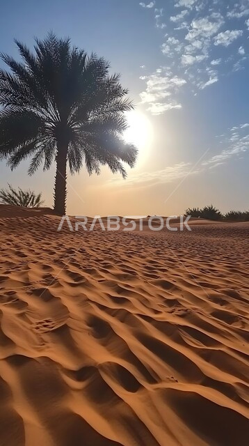 البيئة الرملية الجافة، شجرة خضراء وسط الصحراء القاحلة، الطبيعة الصحراوية في المملكة العربية السعودية، منظر السماء الزرقاء المليئة بالغيوم والسحب، نمو النباتات على الرمال الذهبية الناعمة في صحاري الخليج العربي 