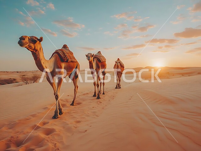 مشهد غروب الشمس على الكثبان الرملية في المناطق الصحراوية، تربية الجمال والإبل، الاهتمام برعاية المواشي والثدييات، حيوانات التنقل والسفر في القدم في المملكة العربية السعودية، قافلة من حيوان الجمل تمشي في الصحراء، خلفية الطبيعة
