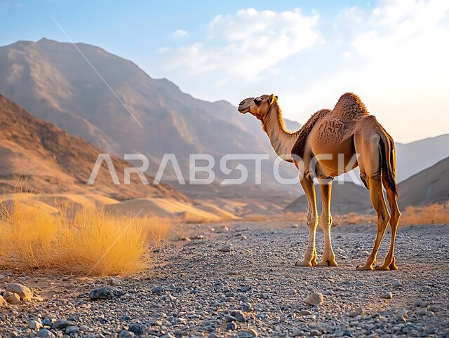  Sunset scene on sand dunes in desert areas, camel and camel breeding, interest in livestock and mammal care, animals of transportation and travel in Saudi Arabia, side view of camel walking in desert, nature background