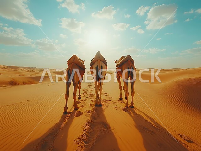 مشهد غروب الشمس على الكثبان الرملية في المناطق الصحراوية، الاهتمام بتربية الإبل، رعاية المواشي والثدييات، حيوانات التنقل والسفر في  المملكة العربية السعودية، صورة من الخلف لثلاثة جمال تمشي في الصحراء، خلفية الطبيعة