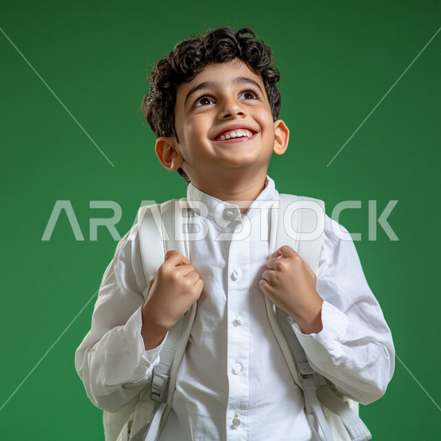 Back to school, portrait of a Saudi Arabian Gulf student wearing traditional dress holding a school bag looking up with gestures of happiness and pleasure, preparing for the new school year, education in Saudi Arabia, green background, chroma key