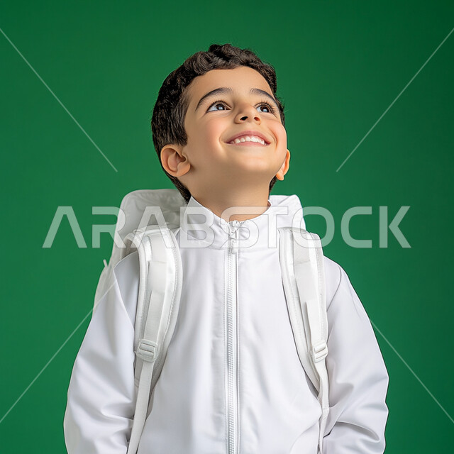  العودة إلى المدارس, بورتريه لطالب عربي خليجي سعودي يرتدي الثوب التقليدي يحمل الحقيبة المدرسية ينظر الى الاعلى بايماءات السعادة والسرور, الإستعداد للعام الدراسي الجديد ، التعليم في المملكة العربية السعودية, خلفية خضراء, كروما 