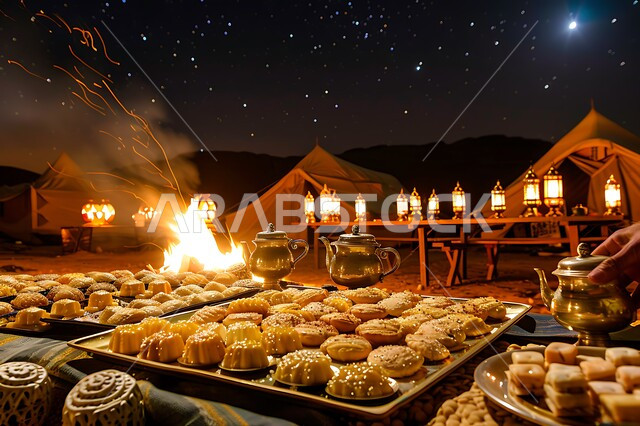 الفوانيس المعدنية المضيئة, التدفئة من خلال شعلة النار, جلسة بر عربية شعبية, أجواء تخييم شبابية ليلية أمام شعلة الحطب, مخيمات سياحية في صحاري السعودية, مفهوم حسن الضياف وتقديم الحلويات والاستقبال عند العرب
