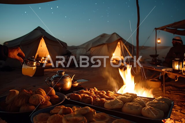 تقديم الحلويات وحسن الضيافة والاستقبال عند العرب, الفوانيس المعدنية المضيئة, التدفئة من خلال شعلة النار, جلسة بر عربية شعبية, أجواء تخييم شبابية ليلية أمام شعلة الحطب, المخيمات السياحية في صحاري المملكة العربية السعودية