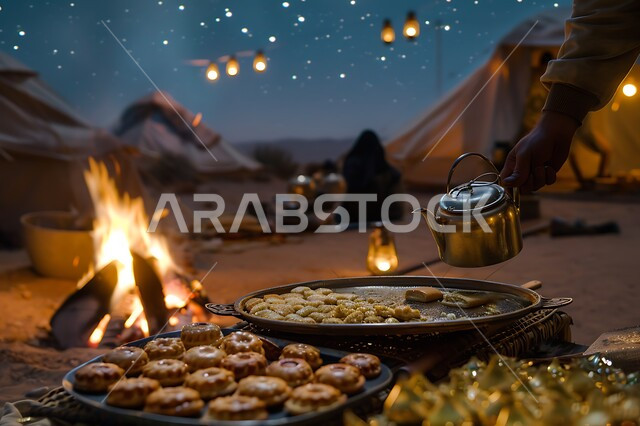 تقديم الحلويات وحسن الضيافة والاستقبال عند العرب, الفوانيس المعدنية المضيئة, التدفئة من خلال شعلة النار, جلسة بر عربية شعبية, أجواء تخييم شبابية ليلية أمام شعلة الحطب, المخيمات السياحية في صحاري المملكة العربية السعودية