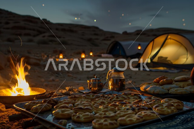تقديم الحلويات وحسن الضيافة والاستقبال عند العرب, الفوانيس المعدنية المضيئة, التدفئة من خلال شعلة النار, جلسة بر عربية شعبية, أجواء تخييم شبابية ليلية أمام شعلة الحطب, المخيمات السياحية في صحاري المملكة العربية السعودية