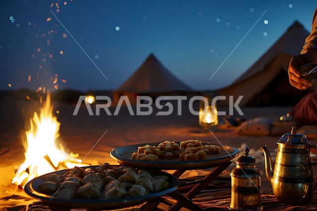 تقديم الحلويات وحسن الضيافة والاستقبال عند العرب, الفوانيس المعدنية المضيئة, التدفئة من خلال شعلة النار, جلسة بر عربية شعبية, أجواء تخييم شبابية ليلية أمام شعلة الحطب, المخيمات السياحية في صحاري المملكة العربية السعودية