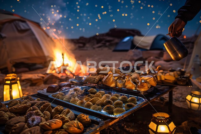 Hospitality, offering sweets and reception among Arabs, illuminated metal lanterns, heating by fire flame, popular Arab desert session, youth night camping atmosphere in front of firewood flame, tourist camps in the deserts of the Kingdom of Saudi Arabia