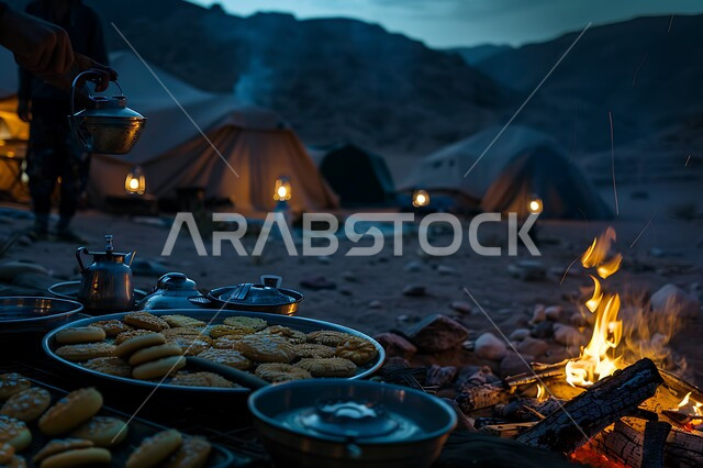 تقديم الحلويات وحسن الضيافة والاستقبال عند العرب, الفوانيس المعدنية المضيئة, التدفئة من خلال شعلة النار, جلسة بر عربية شعبية, أجواء تخييم شبابية ليلية أمام شعلة الحطب, المخيمات السياحية في صحاري المملكة العربية السعودية