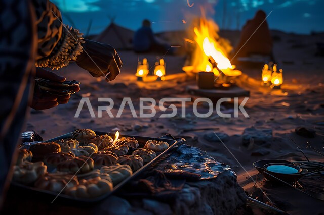 جلسات البر العربية الشعبية التراثية, تقديم الحلويات وحسن الضيافة والاستقبال عند العرب, الفوانيس المعدنية المضيئة, التدفئة من خلال شعلة النار, أجواء تخييم شبابية ليلية أمام شعلة الحطب, المخيمات السياحية في صحاري المملكة العربية السعودية