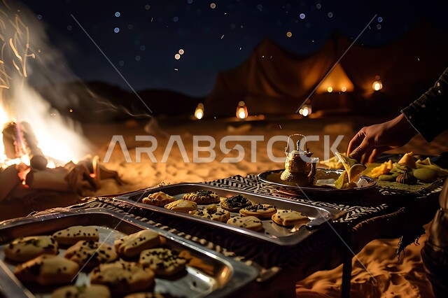 تقديم الحلويات وحسن الضيافة والاستقبال عند العرب, الفوانيس المعدنية المضيئة, التدفئة من خلال شعلة النار, جلسة بر عربية شعبية, أجواء تخييم شبابية ليلية أمام شعلة الحطب, المخيمات السياحية في صحاري المملكة العربية السعودية
