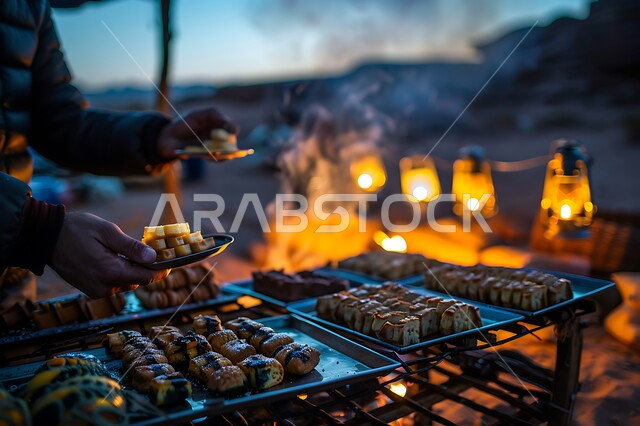 تقديم الحلويات وحسن الضيافة والاستقبال عند العرب, الفوانيس المعدنية المضيئة, التدفئة من خلال شعلة النار, جلسة بر عربية شعبية, أجواء تخييم شبابية ليلية أمام شعلة الحطب, المخيمات السياحية في صحاري المملكة العربية السعودية