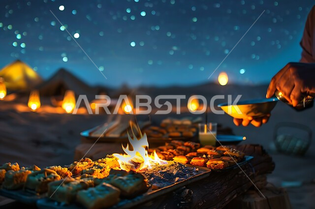 جلسات البر العربية الشعبية التراثية, تقديم الحلويات وحسن الضيافة والاستقبال عند العرب, الفوانيس المعدنية المضيئة, التدفئة من خلال شعلة النار, أجواء تخييم شبابية ليلية أمام شعلة الحطب, المخيمات السياحية في صحاري المملكة العربية السعودية
