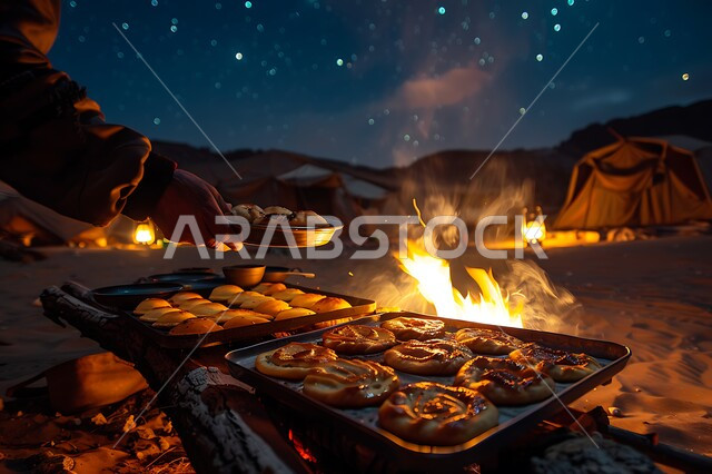 حسن الضياف وتقديم الحلويات والاستقبال عند العرب, الفوانيس المعدنية المضيئة, التدفئة من خلال شعلة النار, جلسة بر عربية شعبية, أجواء تخييم شبابية ليلية أمام شعلة الحطب, المخيمات السياحية في صحاري المملكة العربية السعودية