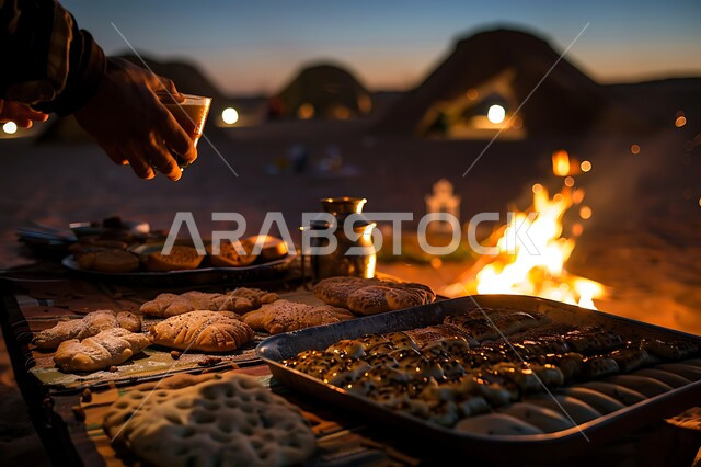 جلسات البر العربية الشعبية التراثية, تقديم الحلويات وحسن الضيافة والاستقبال عند العرب, الفوانيس المعدنية المضيئة, التدفئة من خلال شعلة النار, أجواء تخييم شبابية ليلية أمام شعلة الحطب, المخيمات السياحية في صحاري المملكة العربية السعودية