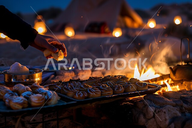 حسن الضياف وتقديم الحلويات والاستقبال عند العرب, الفوانيس المعدنية المضيئة, التدفئة من خلال شعلة النار, جلسة بر عربية شعبية, أجواء تخييم شبابية ليلية أمام شعلة الحطب, المخيمات السياحية في صحاري المملكة العربية السعودية