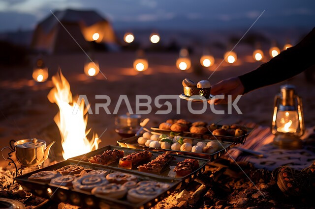 حسن الضياف وتقديم الحلويات والاستقبال عند العرب, الفوانيس المعدنية المضيئة, التدفئة من خلال شعلة النار, جلسة بر عربية شعبية, أجواء تخييم شبابية ليلية أمام شعلة الحطب, المخيمات السياحية في صحاري المملكة العربية السعودية