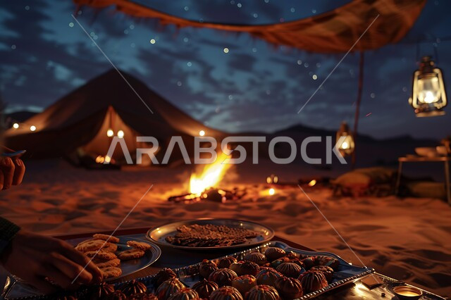 حسن الضياف وتقديم الحلويات والاستقبال عند العرب, الفوانيس المعدنية المضيئة, التدفئة من خلال شعلة النار, جلسة بر عربية شعبية, أجواء تخييم شبابية ليلية أمام شعلة الحطب, المخيمات السياحية في صحاري المملكة العربية السعودية