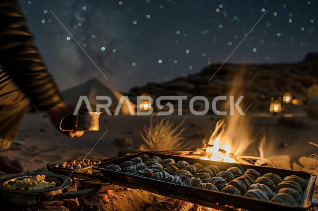 Hospitality, offering sweets and reception among Arabs, illuminated metal lanterns, heating by fire flame, popular Arab desert session, youth night camping atmosphere in front of firewood flame, tourist camps in the deserts of the Kingdom of Saudi Arabia
