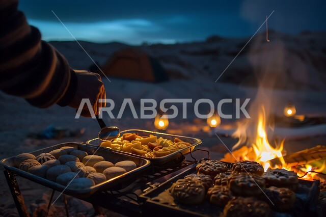 حسن الضياف وتقديم الحلويات والاستقبال عند العرب, الفوانيس المعدنية المضيئة, التدفئة من خلال شعلة النار, جلسة بر عربية شعبية, أجواء تخييم شبابية ليلية أمام شعلة الحطب, المخيمات السياحية في صحاري المملكة العربية السعودية