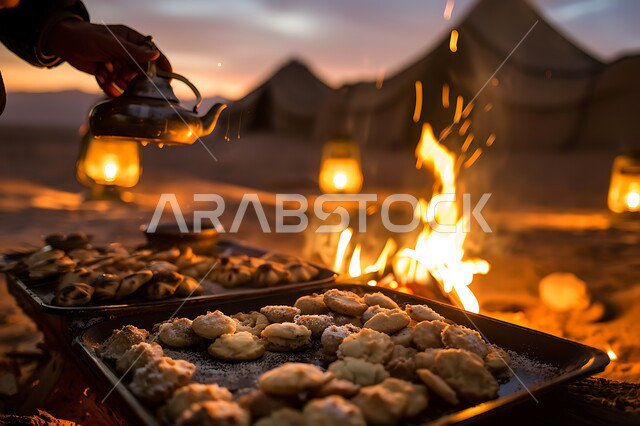 Hospitality, offering sweets and reception among Arabs, illuminated metal lanterns, heating by fire flame, popular Arab desert session, youth night camping atmosphere in front of firewood flame, tourist camps in the deserts of the Kingdom of Saudi Arabia