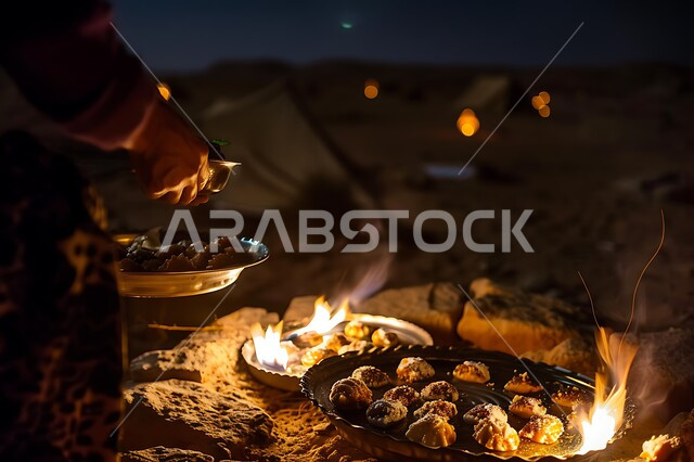 الفوانيس المعدنية المضيئة, التدفئة من خلال شعلة النار, جلسة بر عربية شعبية, أجواء تخييم شبابية ليلية أمام شعلة الحطب, مخيمات سياحية في صحاري السعودية, مفهوم حسن الضياف وتقديم الحلويات والاستقبال عند العرب