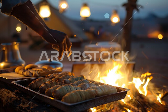 مفهوم حسن الضياف وتقديم الحلويات والاستقبال عند العرب, الفوانيس المعدنية المضيئة, التدفئة من خلال شعلة النار, جلسة بر عربية شعبية, أجواء تخييم شبابية ليلية أمام شعلة الحطب, مخيمات سياحية في صحاري السعودية