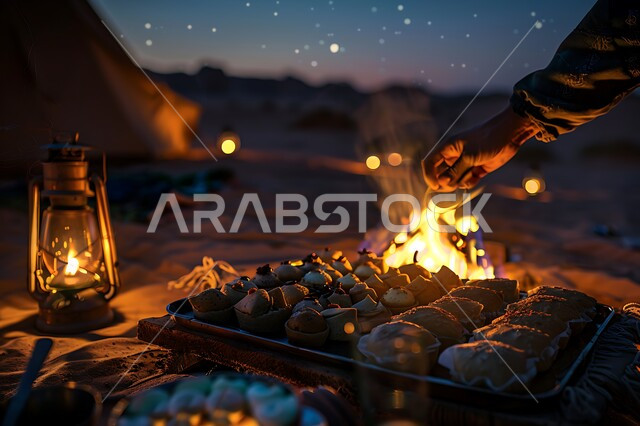 أجواء تخييم شبابية ليلية أمام شعلة الحطب، مخيمات سياحية في صحاري السعودية، مفهوم حسن الضياف وتقديم الحلويات والاستقبال عند العرب, الفوانيس المعدنية المضيئة, التدفئة من خلال شعلة النار, جلسة بر عربية شعبية