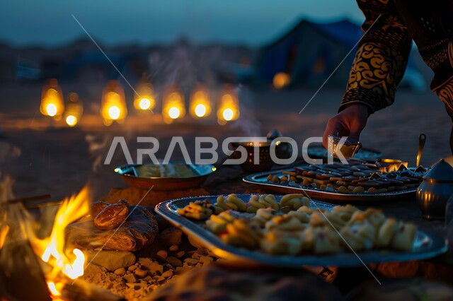 الفوانيس المعدنية المضيئة, التدفئة من خلال شعلة النار, جلسة بر عربية شعبية, أجواء تخييم شبابية ليلية أمام شعلة الحطب, مخيمات سياحية في صحاري السعودية, مفهوم حسن الضياف وتقديم الحلويات والاستقبال عند العرب