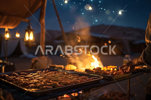الفوانيس المعدنية المضيئة, التدفئة من خلال شعلة النار, جلسة بر عربية شعبية, أجواء تخييم شبابية ليلية أمام شعلة الحطب, مخيمات سياحية في صحاري السعودية, مفهوم حسن الضياف وتقديم الحلويات والاستقبال عند العرب