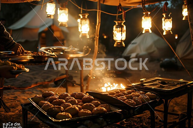 مفهوم حسن الضياف وتقديم الحلويات والاستقبال عند العرب, الفوانيس المعدنية المضيئة, التدفئة من خلال شعلة النار, جلسة بر عربية شعبية, أجواء تخييم شبابية ليلية أمام شعلة الحطب, مخيمات سياحية في صحاري السعودية