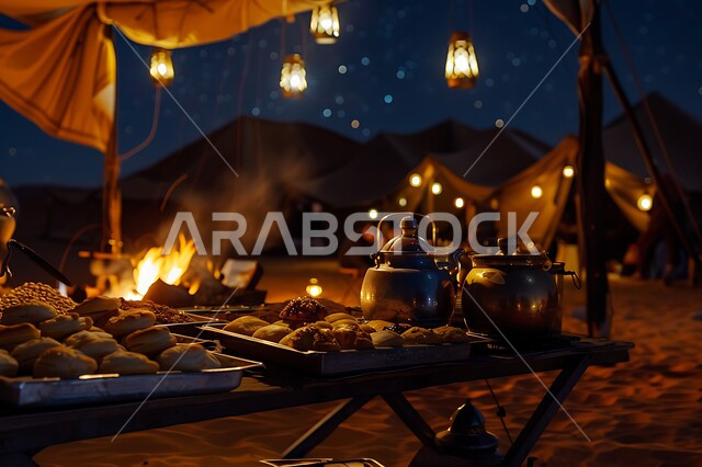 Traditional Arab desert sessions, offering sweets and hospitality and reception among Arabs, illuminated metal lanterns, heating by fire flame, youth night camping atmosphere in front of firewood flame, tourist camps in the deserts of the Kingdom of Saudi Arabia