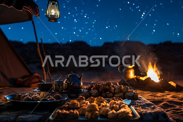 جلسة بر عربية شعبية، أجواء تخييم شبابية ليلية أمام شعلة الحطب، مخيمات سياحية في صحاري السعودية، مفهوم حسن الضياف وتقديم الحلويات والاستقبال عند العرب, الفوانيس المعدنية المضيئة, التدفئة من خلال شعلة النار