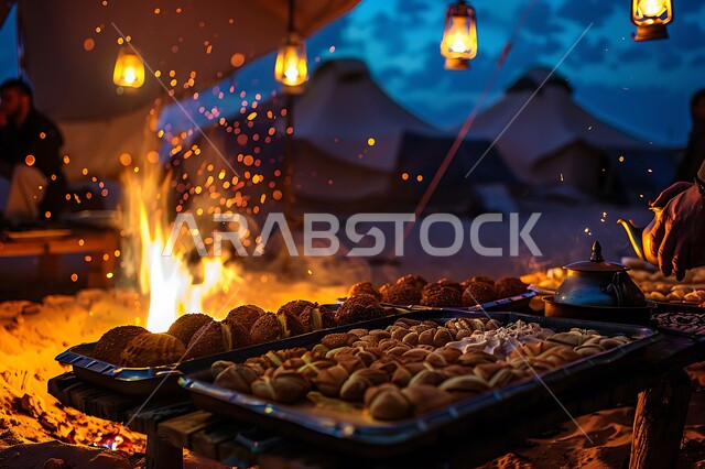 مفهوم حسن الضياف وتقديم الحلويات والاستقبال عند العرب, الفوانيس المعدنية المضيئة, التدفئة من خلال شعلة النار, جلسة بر عربية شعبية, أجواء تخييم شبابية ليلية أمام شعلة الحطب, مخيمات سياحية في صحاري السعودية