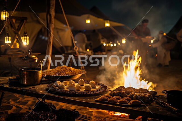جلسة بر عربية شعبية، أجواء تخييم شبابية ليلية أمام شعلة الحطب، مخيمات سياحية في صحاري السعودية، مفهوم حسن الضياف وتقديم الحلويات والاستقبال عند العرب, الفوانيس المعدنية المضيئة, التدفئة من خلال شعلة النار