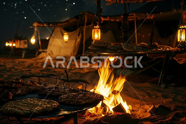 الفوانيس المعدنية المضيئة, التدفئة من خلال شعلة النار, جلسة بر عربية شعبية, أجواء تخييم شبابية ليلية أمام شعلة الحطب, مخيمات سياحية في صحاري السعودية, مفهوم حسن الضياف وتقديم الحلويات والاستقبال عند العرب