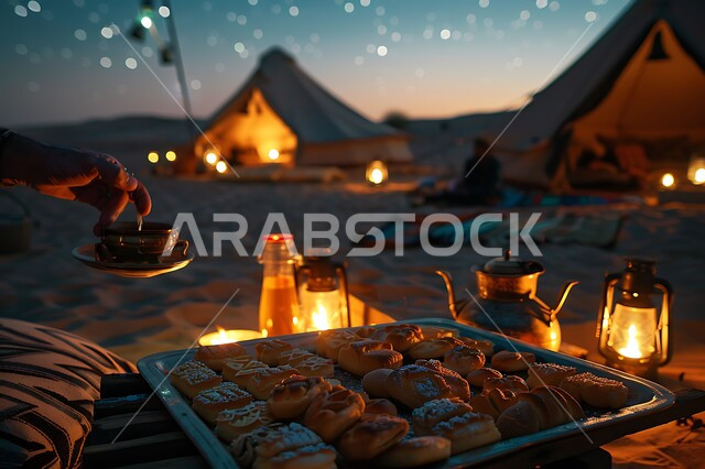 Illuminated metal lanterns, heating by fire flame, popular Arab desert session, youth night camping atmosphere in front of firewood flame, tourist camps in the deserts of Saudi Arabia, the concept of hospitality and offering sweets and reception among Arabs