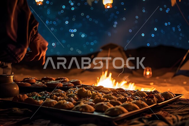 الفوانيس المعدنية المضيئة, التدفئة من خلال شعلة النار, جلسة بر عربية شعبية, أجواء تخييم شبابية ليلية أمام شعلة الحطب, مخيمات سياحية في صحاري السعودية, مفهوم حسن الضياف وتقديم الحلويات والاستقبال عند العرب