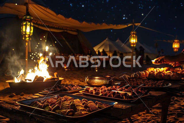 الفوانيس المعدنية المضيئة, التدفئة من خلال شعلة النار, جلسة بر عربية شعبية, أجواء تخييم شبابية ليلية أمام شعلة الحطب, مخيمات سياحية في صحاري السعودية, مفهوم حسن الضياف وتقديم الحلويات والاستقبال عند العرب