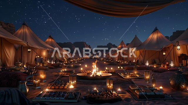 الفوانيس المعدنية المضيئة, التدفئة من خلال شعلة النار, جلسة بر عربية شعبية, أجواء تخييم شبابية ليلية أمام شعلة الحطب, مخيمات سياحية في صحاري السعودية, مفهوم حسن الضياف وتقديم الحلويات والاستقبال عند العرب