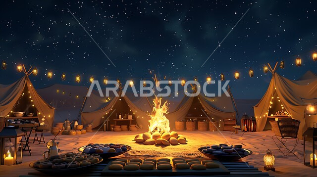 مفهوم حسن الضياف وتقديم الحلويات والاستقبال عند العرب, الفوانيس المعدنية المضيئة, التدفئة من خلال شعلة النار, جلسة بر عربية شعبية, أجواء تخييم شبابية ليلية أمام شعلة الحطب, مخيمات سياحية في صحاري السعودية