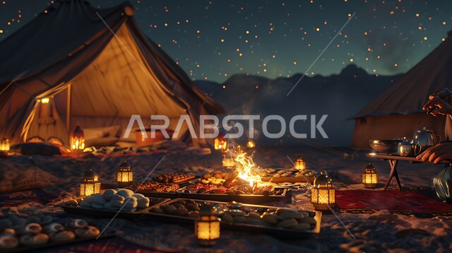 مفهوم حسن الضياف وتقديم الحلويات والاستقبال عند العرب, الفوانيس المعدنية المضيئة, التدفئة من خلال شعلة النار, جلسة بر عربية شعبية, أجواء تخييم شبابية ليلية أمام شعلة الحطب, مخيمات سياحية في صحاري السعودية