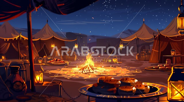 مفهوم حسن الضياف وتقديم الحلويات والاستقبال عند العرب, الفوانيس المعدنية المضيئة, التدفئة من خلال شعلة النار, جلسة بر عربية شعبية, أجواء تخييم شبابية ليلية أمام شعلة الحطب, مخيمات سياحية في صحاري السعودية