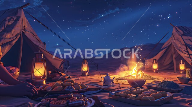 مفهوم حسن الضياف وتقديم الحلويات والاستقبال عند العرب, الفوانيس المعدنية المضيئة, التدفئة من خلال شعلة النار, جلسة بر عربية شعبية, أجواء تخييم شبابية ليلية أمام شعلة الحطب, مخيمات سياحية في صحاري السعودية
